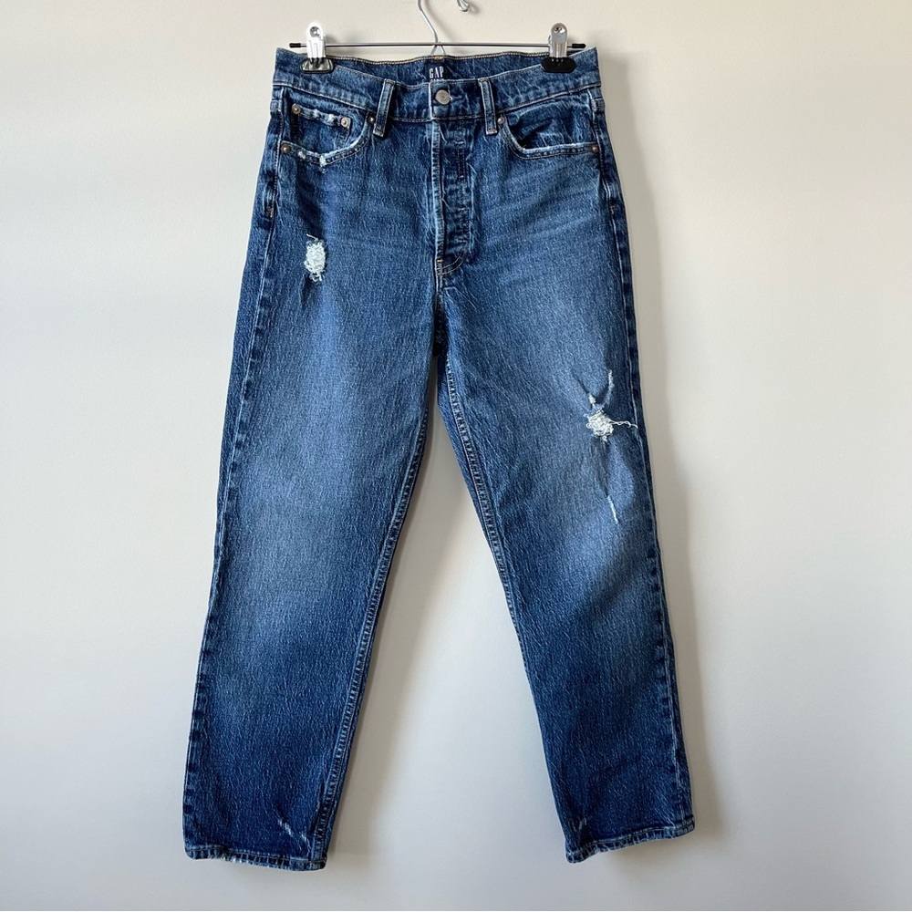 GAP Cheeky Straight Jeans, Women’s 8/29, High Rise Distressed Blue Stretch Denim
